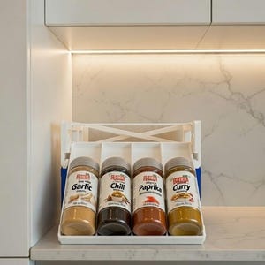 May include: A white spice rack containing four spice jars labelled Garlic, Chili, Paprika, and Curry. The jars are filled with spices and sit on a countertop against a marble effect splashback.