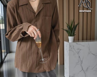 Avslappnad texturerad skjorta | Lös topp med knappar | Vardagskläder | Minimalistisk streetwear-stil