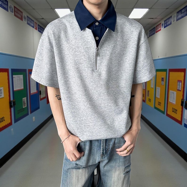 Half Zip Polo Shirt | Short Sleeve Casual Top | Daily Wear | Minimal Streetwear Style

Half zip polo shirt with layered collar and relaxed minimalist streetwear style