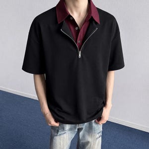 Half Zip Polo Shirt | Short Sleeve Casual Top | Daily Wear | Minimal Streetwear Style

Half zip polo shirt with layered collar and relaxed minimalist streetwear style