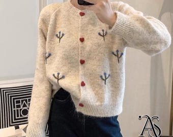 Heart Button Cardigan | Flower Detail Sweater | Casual Cozy Style | Chic Trend