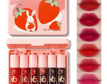Quixao 6-kleuren aardbei-liptintset | Lipglossset schattig konijntje | Langdurige vochtinbrengende lipkleuring | Make-upcadeau in Koreaanse stijl voor meisjes