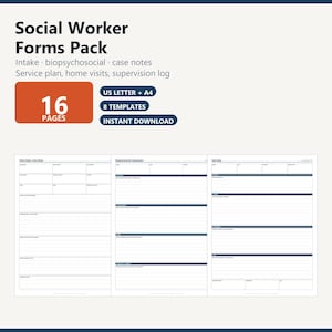 May include: A Social Worker Forms Pack featuring 16 pages and 8 templates including intake, biopsychosocial, case notes, service plan, home visits, and supervision log. The document is available in US Letter and A4 sizes for instant download.