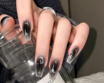 Black Clear Ombre Press On Nails, Silver Star Goth Nails, Long Square Fake Nails, Witchy Glass Nails, Reusable Cute Nail Set