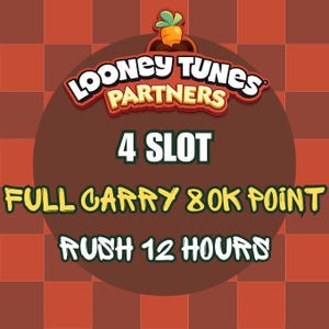 以下が含まれることがあります： 上部に人参のアイコンが付いたLooney Tunes Partnersのロゴ画像。テキストには「4 SLOT」、「FULL CARRY 80K POINT」、「RUSH 12 HOURS」と書かれています。デザインは赤とオレンジのチェック柄の背景に、濃い茶色の円が配置されています。