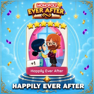 Może przedstawiać: Karta gry Monopoly Ever After przedstawiająca parę z kreskówki trzymającą się za ręce. Karta ma różowy baner z napisem "Happily Ever After" i symbolem "+1". Tło jest niebieskie ze złotymi gwiazdami i konfetti.
