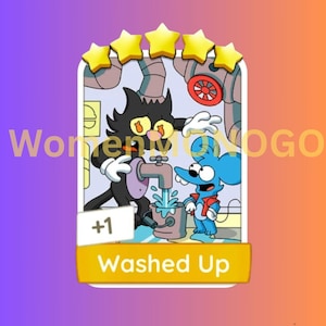Op de afbeelding: Een rechthoekige spelkaart met een zwarte kat en een blauwe muis in een loodgietersscène met vijf gele sterren bovenaan. De kaart toont de tekst +1 en Washed Up op een gele banner onderaan, tegen een lichtpaarse achtergrond.