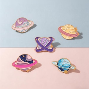 Planet Enamel Pin Set – Cute Space Pins with Rings, Stars & Moons – Lapel Pins for Jackets, Bags, Hats, Collectors Gift