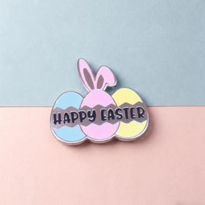 Happy Easter Enamel Pin – Cute Bunny and Colorful Easter Eggs Pin for Jackets, Bags, Hats, Gifts, Collectible Spring Accessory