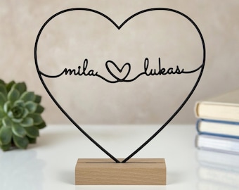 Personalized wooden heart decoration with names, wedding gift for couples, anniversary gift, love gift display, Valentine's Day gift