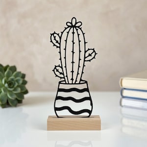 Kaktus Deko modern Tischdeko Wohnzimmer | Minimalistische Skulptur schwarz auf Holzsockel | Dekoobjekt für Regal und Büro Fensterbank
