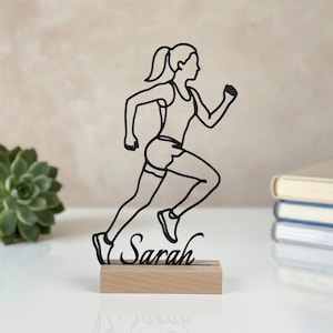 Cadeau voor vrouwelijke hardlopers en joggers | Gepersonaliseerde houten hardloopsilhouet met naam | Decoratie voor atletiekvrouwen