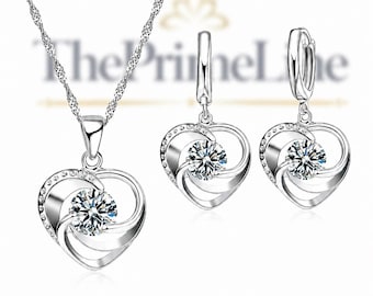 925 Sterling Silver Heart Necklace & Earrings Set Long Chain Gift for Women