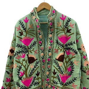 Kurtka bomberka z bawełny boho Tnt, ręcznie robiona kurtka Suzani Hippie, ręcznie haftowana kurtka Suzani, prezent dla niej, zielona kurtka Suzani