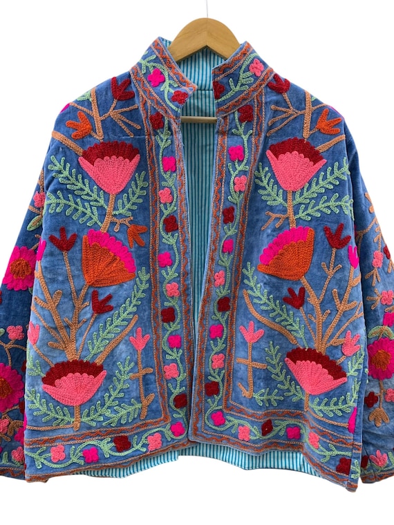Suzani Embroidered Jacket, Handmade Suzani Blue Jacket, Indian Hippie Jacket, Gift for Her, Floral Suzani Jacket, Velvet Bomber Jacket
