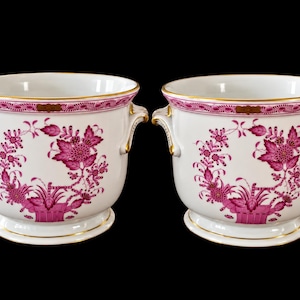 Zestaw 2 zabytkowych porcelanowych pojemników Herend – indyjski koszyk z kwiatowym wzorem Fleurs des Indes