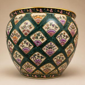 Può includere: Un vaso in ceramica rotondo caratterizzato da uno sfondo marmorizzato verde scuro con un motivo a rombi ripetuto. Ogni rombo contiene una colorata illustrazione floreale nei toni del rosa, dell'arancione e del verde. Il bordo è dorato.