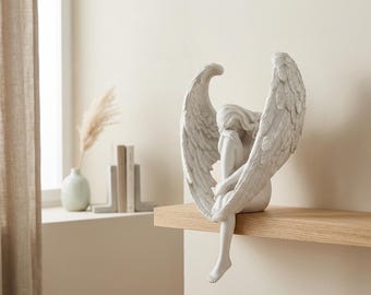 Angel Shelf Sitter Statue, Winged Guardian Angel Figurine, Memorial Gift, Sympathy Decor, Religious Home Decoration, Shelf Edge Sculpture