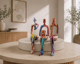 Shelf Sitter Figurine Set of 3, Thinker & Reader Sculptures, Colorful Bookshelf Decor, Modern Resin Home Art, Abstract Office Desk Accent