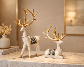 Gold Deer Figurine Set, Luxury Reindeer Decor, Elegant Elk Statue Pair, Christmas Home Decor, Modern Shelf Table Accent Gift
