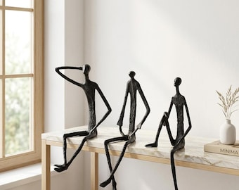 Modern Abstract Metal Figure Sculpture Set, Thinker Statue Decor, Minimalist Shelf Decor, Black Iron Figurine, Home Office Bookshelf Accent