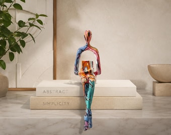 Abstract Thinker Figurine Shelf Sitter, Colorful Reader Statue, Modern Bookshelf Decor, Resin Sculpture, Office Desk Accent, Home Art