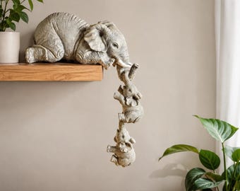 Elephant Family Figurines Set of 3 – Resin Elephant Shelf Decor, Cute Baby Elephant Statue, Minimalist Home Decor Gift