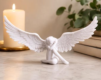 Angel Wing Figurine Sculpture, Modern Resin Angel Statue, Memorial Angel Decor, White Winged Angel Art, Shelf & Mantel Home Decoration