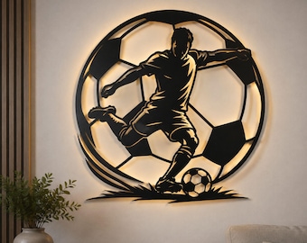 サッカー選手のメタルウォールアートSVG | サッカー選手のレーザーカットファイル | サッカーボールの壁飾りDXF | Glowforge SVGダウンロード