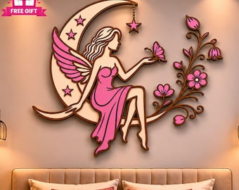 フェアリームーン レーザーカット SVG | ファンタジー ウォールアート CNC ファイル | レイヤード フェアリー デコレーション Dxf Svg