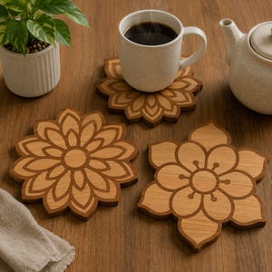 Wooden Floral Coaster Set, Laser Cut Mandala Coasters, Rustic Wooden Drink Coasters, Farmhouse Table Decor, Coffee Mug Coaster Set