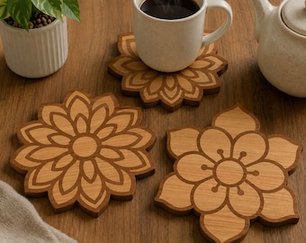 Wooden Floral Coaster Set, Laser Cut Mandala Coasters, Rustic Wooden Drink Coasters, Farmhouse Table Decor, Coffee Mug Coaster Set