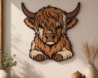 ハイランド牛のレーザーカットファイルSVG、ハイランド牛のウォールアート、木製牛の装飾、CNC Dxfレーザーカットデザイン