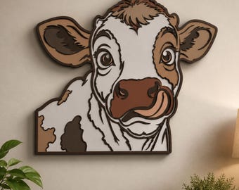 牛の顔のレーザーカットウォールアートSVG | 農場の動物の木製レイヤーSVG | Glowforge CNCファイル