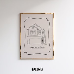 May include: Framed line art print of a house with the words "home sweet home" and the address "125 Orchid Rd, Fredericksburg OH". The artwork is in a gold frame.