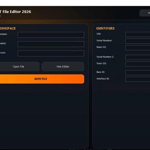 Puede incluir: La interfaz del software HPT File Editor 2026 presenta un tema oscuro con acentos naranjas. El panel principal muestra una sección de espacio de trabajo para detalles de archivos, un botón para abrir archivos, un editor hexadecimal y un botón para guardar. La sección de identificadores enumera campos para VIN, números de serie, versiones de SO e identificadores.