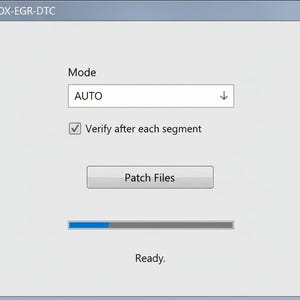 May include: A software interface window titled E42 DPF-SCR-NOX-EGR-DTC featuring a mode selection dropdown set to AUTO, a checkbox labeled Verify after each segment, a Patch Files button, a blue progress bar, and the status text Ready.