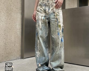 Printed Baggy Jeans | Lace Chain Distressed Denim Pants | Daily Wear | Y2K Streetwear Style