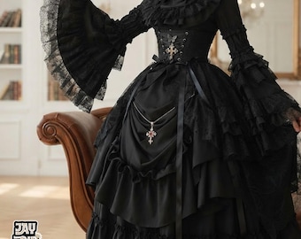 May include: A black long-sleeved dress featuring a high ruffled collar, tiered lace bell sleeves, and a corset-style bodice with a cross pendant. The skirt has multiple ruffled layers and a draped front panel. The text JAY DRIP HAUS is visible.