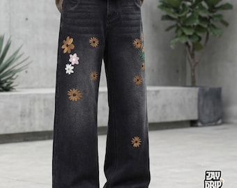 Floral Embroidered Jeans | Loose Straight Bootcut Pants | Daily Wear | Y2K Streetwear Style