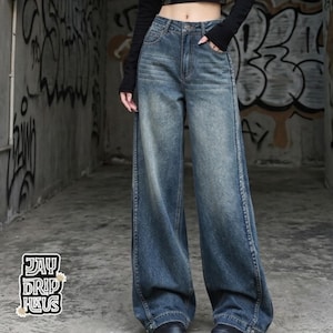 Women's Wide Leg Jeans | High Waisted Denim Pants | Korean Streetwear Style | Retro Y2K Trend

High waisted wide leg jeans with washed denim finish for korean streetwear styling