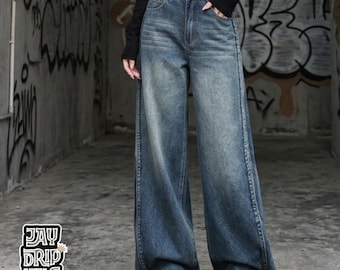 Denim Wide Leg Jeans | Casual High Waisted Pants | Korean Streetwear Style | Retro Y2K Trend