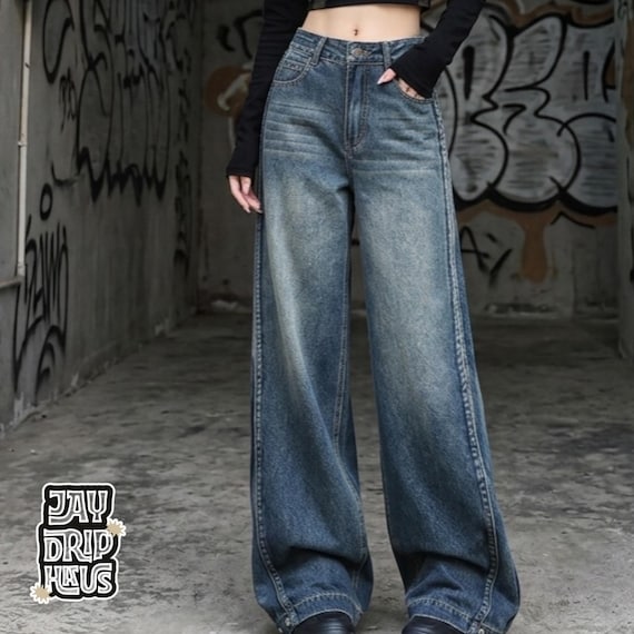 Denim Wide Leg Jeans | Casual High Waisted Pants | Korean Streetwear Style | Retro Y2K Trend