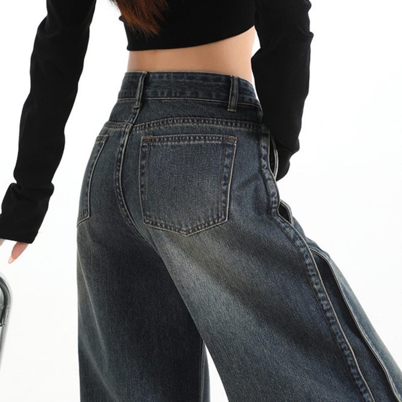 Women's Wide Leg Jeans | High Waisted Denim Pants | Korean Streetwear Style | Retro Y2K Trend

High waisted wide leg jeans with washed denim finish for korean streetwear styling