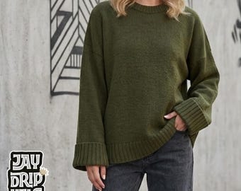 Olive Knit Sweater | Loose Round Neck Pullover | Long Sleeve | Casual Everyday Top