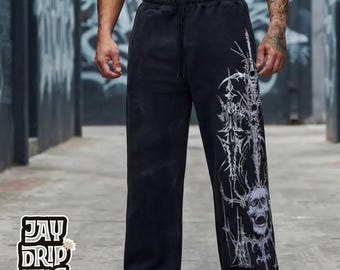 Wide Leg Sweatpants | Oversized Gothic Print Joggers | Casual Daily Wear | Grunge Streetwear Style