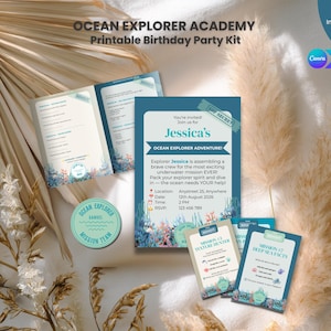 May include: A printable Ocean Explorer Academy birthday party kit featuring a teal and white invitation, a folded mission card, a circular mission team badge, and two small mission cards with coral and sea life graphics and text.