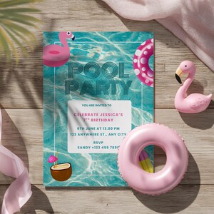 Flamingo Pool Party Invitation Template, Printable Editable Birthday Invite Girl, Summer Kids Party Evite, Digital Download, Canva Card