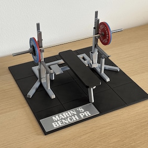 Könnte beinhalten: Ein Miniatur-Bankdrück-Set. Das Set enthält eine schwarze Bank, eine Langhantel mit roten und blauen Gewichtsscheiben und ein silbernes Rack. Die Basis ist schwarz mit einem silbernen Namensschild mit der Aufschrift "Marin's Bench PR".