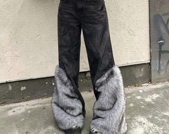 Women's Flared Denim Pants | Fur Bottom Punk Trousers | Modern Streetwear Outfit | Y2K Style